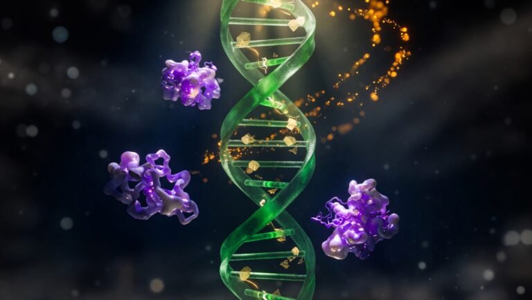 Doble hélice de ADN translúcida en verde KRECE Longevity con marcas de metilación disolviéndose hacia partículas ámbar y tres estructuras proteicas violetas orbitando el centro sobre fondo negro con vignette, metáfora visual abstracta de la reprogramación epigenética parcial OSK como mecanismo accesible sin pérdida de identidad celular ni alteración del ADN subyacente.