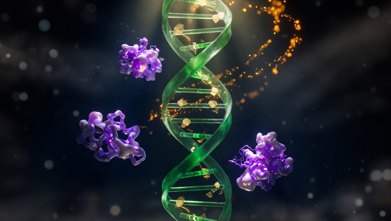 Doble hélice de ADN translúcida en verde KRECE Longevity con marcas de metilación disolviéndose hacia partículas ámbar y tres estructuras proteicas violetas orbitando el centro sobre fondo negro con vignette, metáfora visual abstracta de la reprogramación epigenética parcial OSK como mecanismo accesible sin pérdida de identidad celular ni alteración del ADN subyacente.