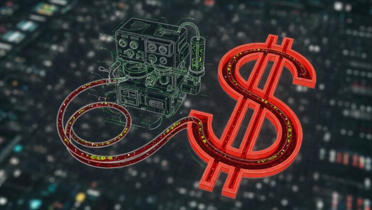 Ilustración editorial de una máquina de aféresis vintage y un circuito de ozonización extracorpórea con tubos de sangre formando la silueta de un símbolo del dólar, sobre fondo oscuro con acentos verdes y corales.
