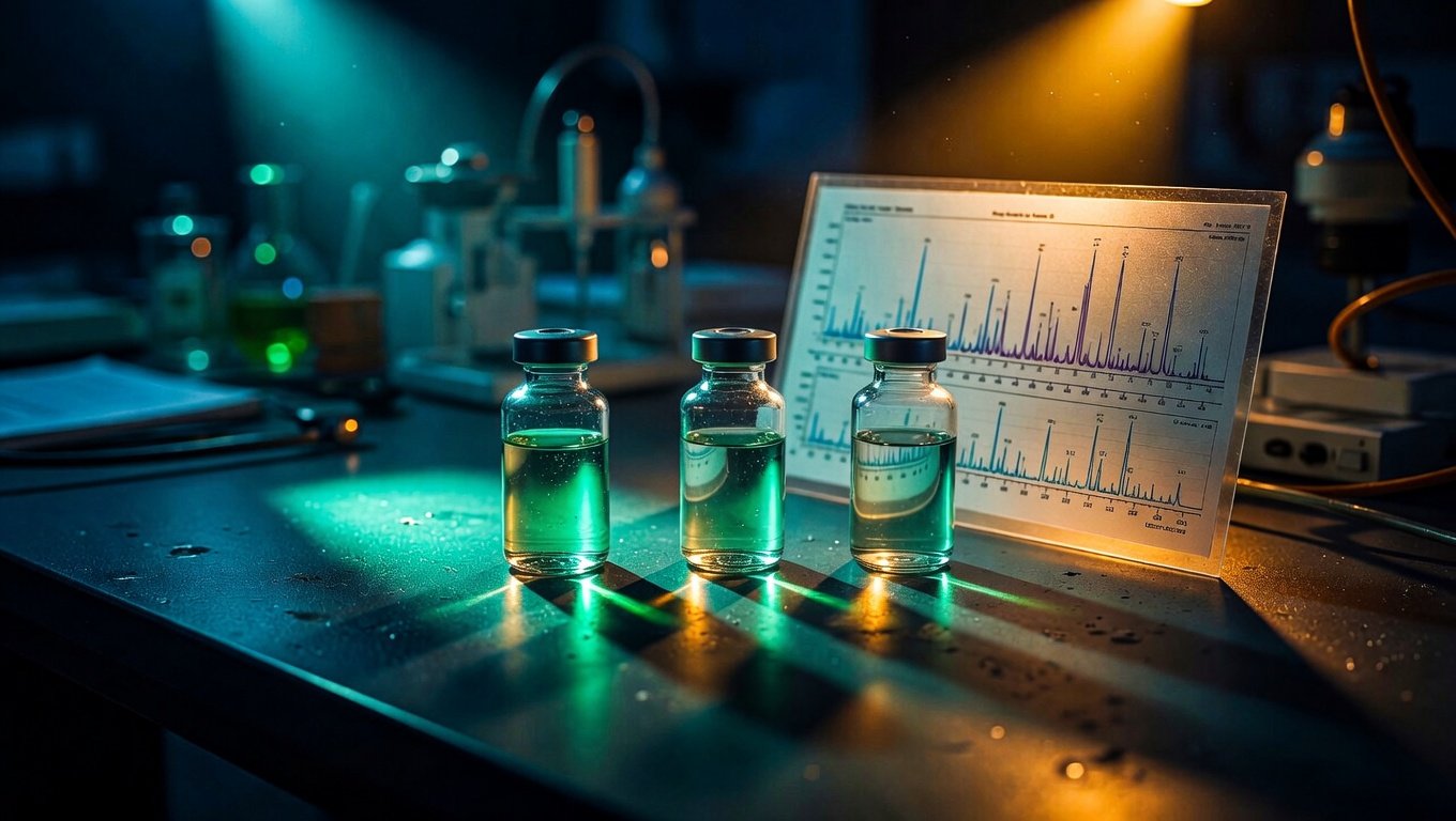 Tres viales de péptidos en mesa de laboratorio con certificado de análisis visible al fondo, iluminación cinematográfica verde y ámbar.