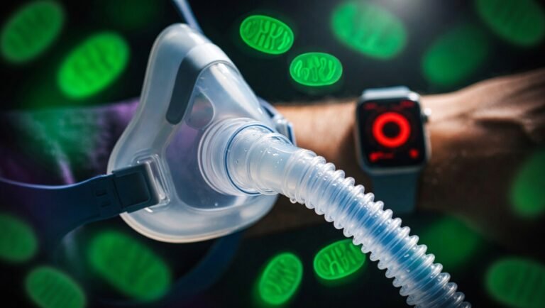 Monitor de ergoespirometría con curvas de VO2 y VCO2 en pantalla sobre fondo negro, máscara de CPET desenfocada en primer plano, wearable de muñeca en segundo plano con halo rojo de discrepancia, bokeh verde mitocondrial al fondo