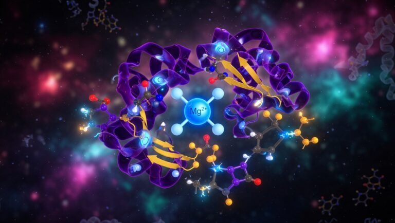 Ion de magnesio rodeado de estructuras enzimáticas sobre fondo oscuro con acentos azules