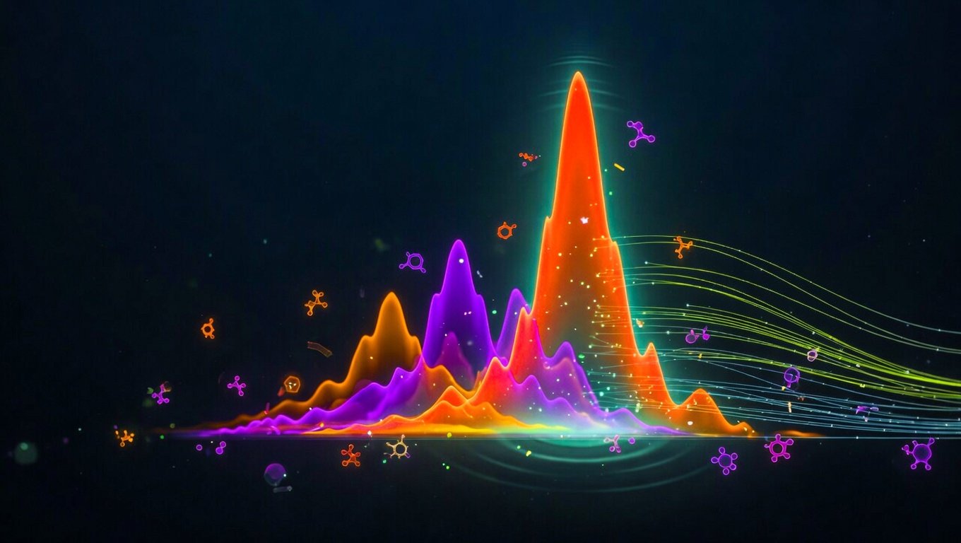 Cromatograma estilizado con pico principal en coral y picos ocultos emergiendo del ruido de fondo en ámbar, sobre fondo oscuro