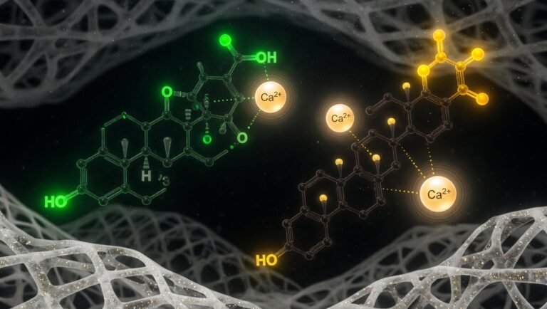Moléculas de colecalciferol y menaquinona-7 sobre fondo oscuro con acentos verdes y dorados