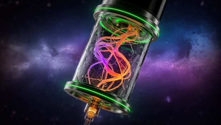 Ilustración editorial de una cámara de respirometría de alta resolución Oroboros con fibras musculares permeabilizadas suspendidas, iluminación verde KRECE sobre fondo oscuro profundo, representando el gold standard actual para medir función mitocondrial.