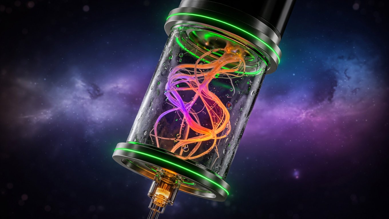 Ilustración editorial de una cámara de respirometría de alta resolución Oroboros con fibras musculares permeabilizadas suspendidas, iluminación verde KRECE sobre fondo oscuro profundo, representando el gold standard actual para medir función mitocondrial.