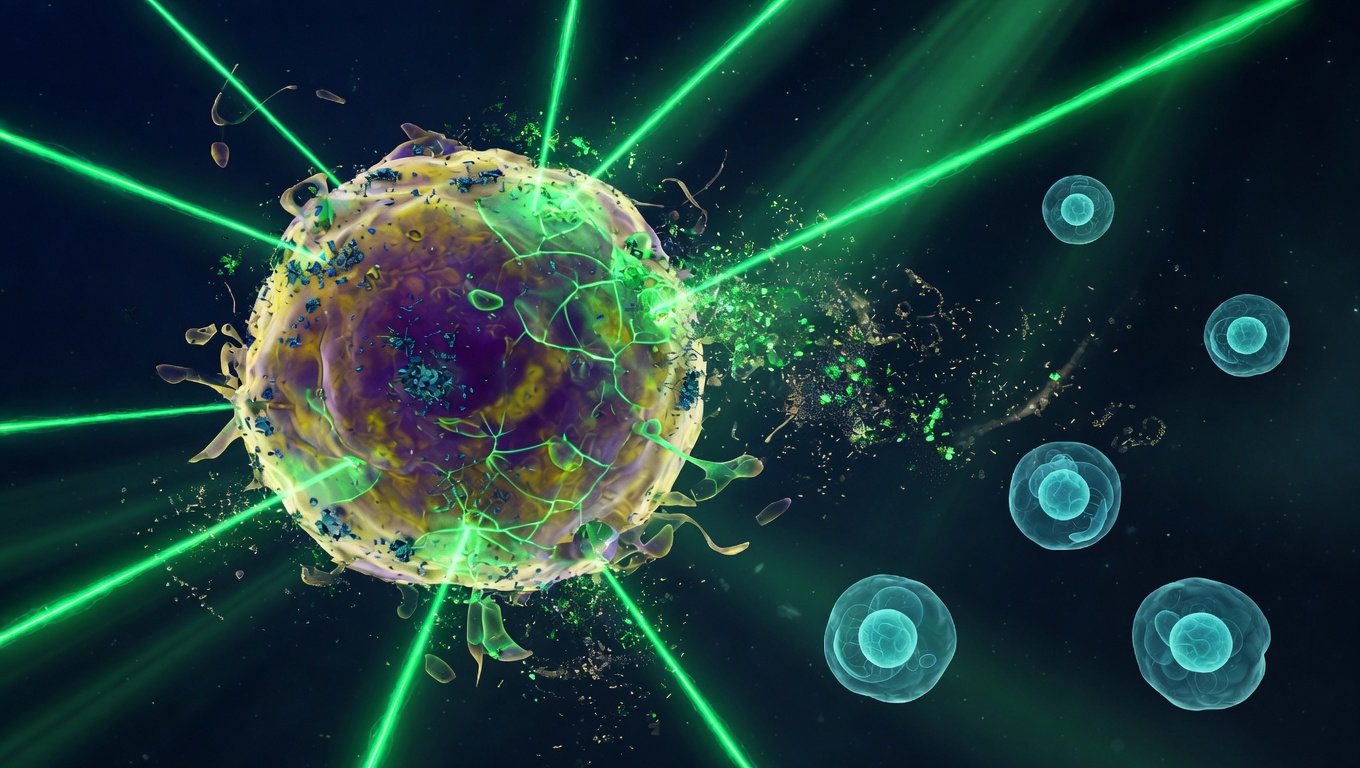 Representación abstracta de una célula senescente siendo eliminada selectivamente, tonos verde esmeralda sobre fondo oscuro