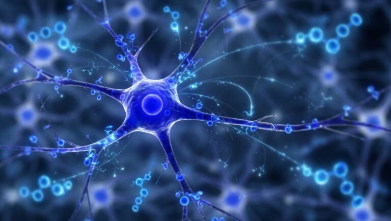 Neuropéptidos de Cerebrolysin con glow azul sobre fondo negro — KRECE Precision Longevity