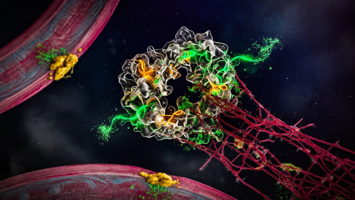 Estructura molecular 3D de natoquinasa con accent verde Longevity cortando red de fibrina sobre fondo índigo, con sección arterial sutil al fondo.