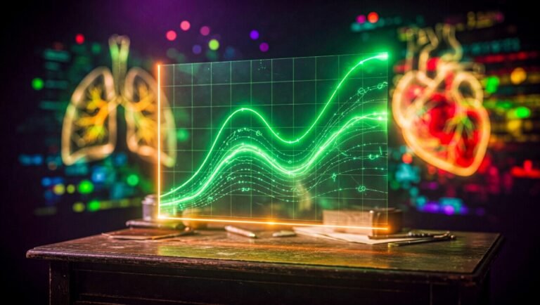 Gráfico clínico translúcido verde flotando sobre mesa oscura con curvas de distribución de percentiles VO2max, iluminación dramática, halo mitocondrial verde sobre fondo negro, bokeh anatómico de pulmones y corazón al fondo