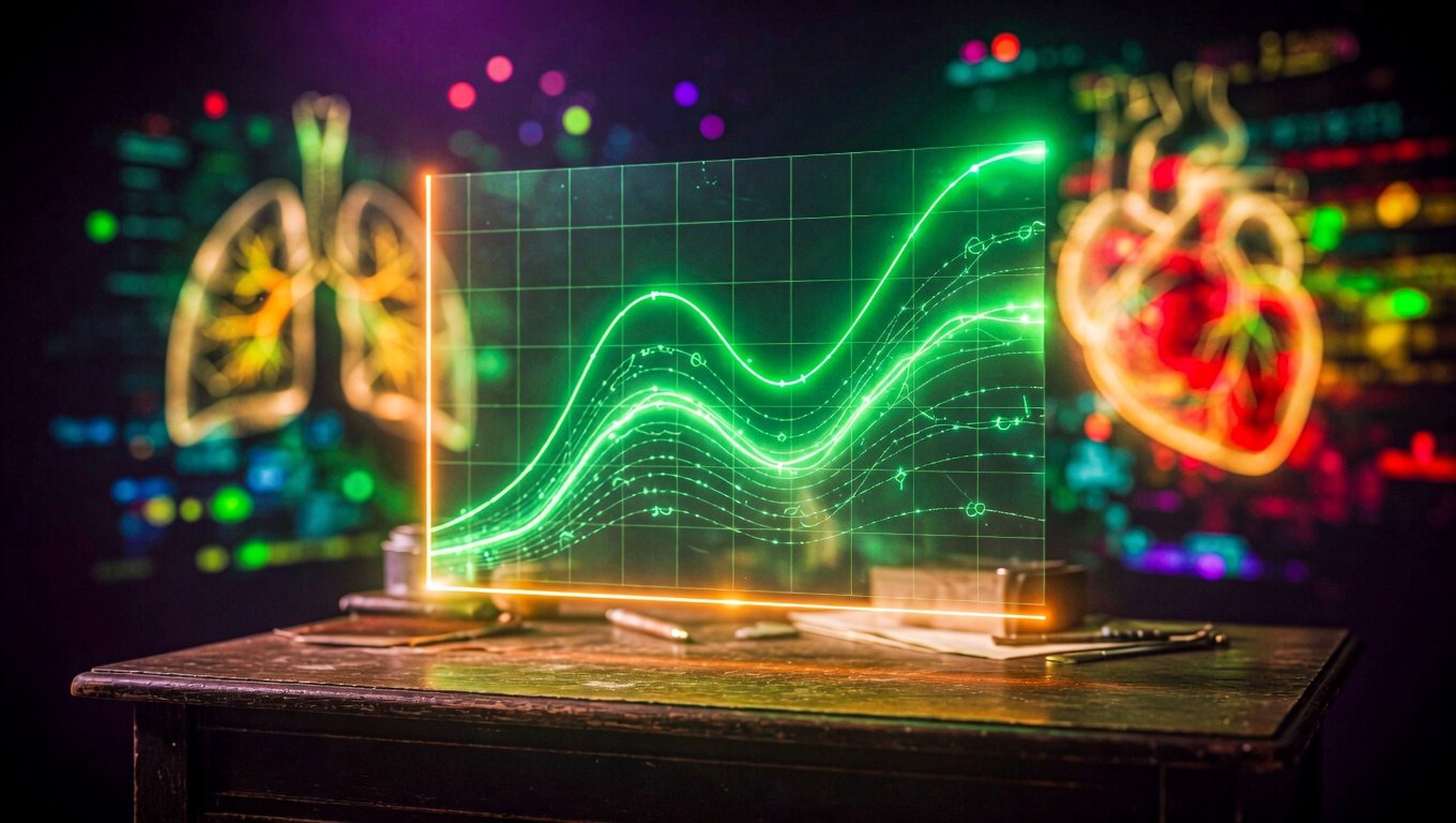 Gráfico clínico translúcido verde flotando sobre mesa oscura con curvas de distribución de percentiles VO2max, iluminación dramática, halo mitocondrial verde sobre fondo negro, bokeh anatómico de pulmones y corazón al fondo