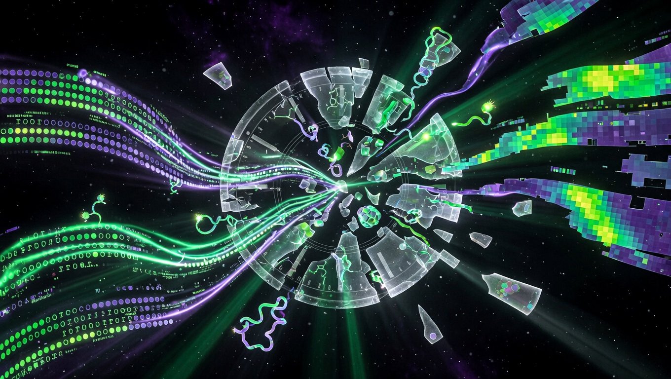 Representación abstracta de un reloj epigenético fragmentándose en datos multimodales sobre fondo oscuro
