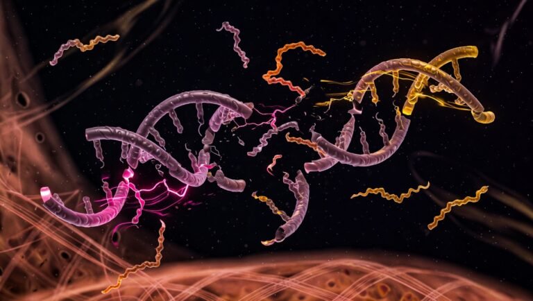 Triple hélice de colágeno fragmentada en péptidos bioactivos sobre fondo oscuro