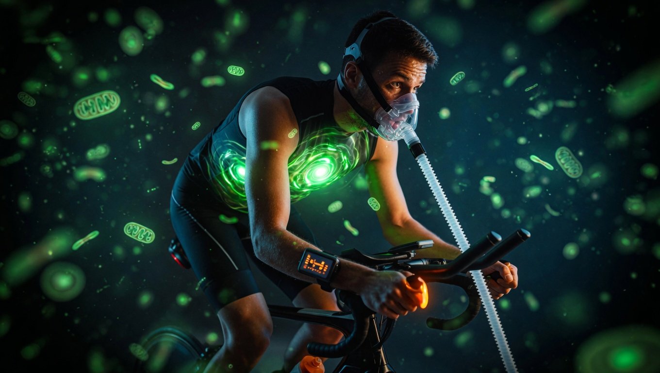 Ciclista en rodillo indoor con máscara de ergoespirometría, iluminación dramática verde mitocondrial sobre fondo negro, wearable registrando datos en el manillar, bokeh de partículas verdes simulando mitocondrias activas