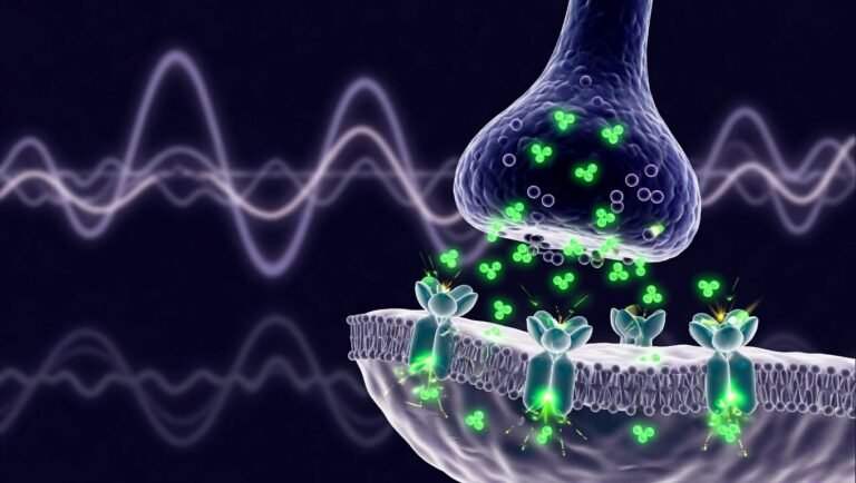 Representación de la molécula de glicina actuando sobre receptores GlyR en neuronas durante el sueño profundo
