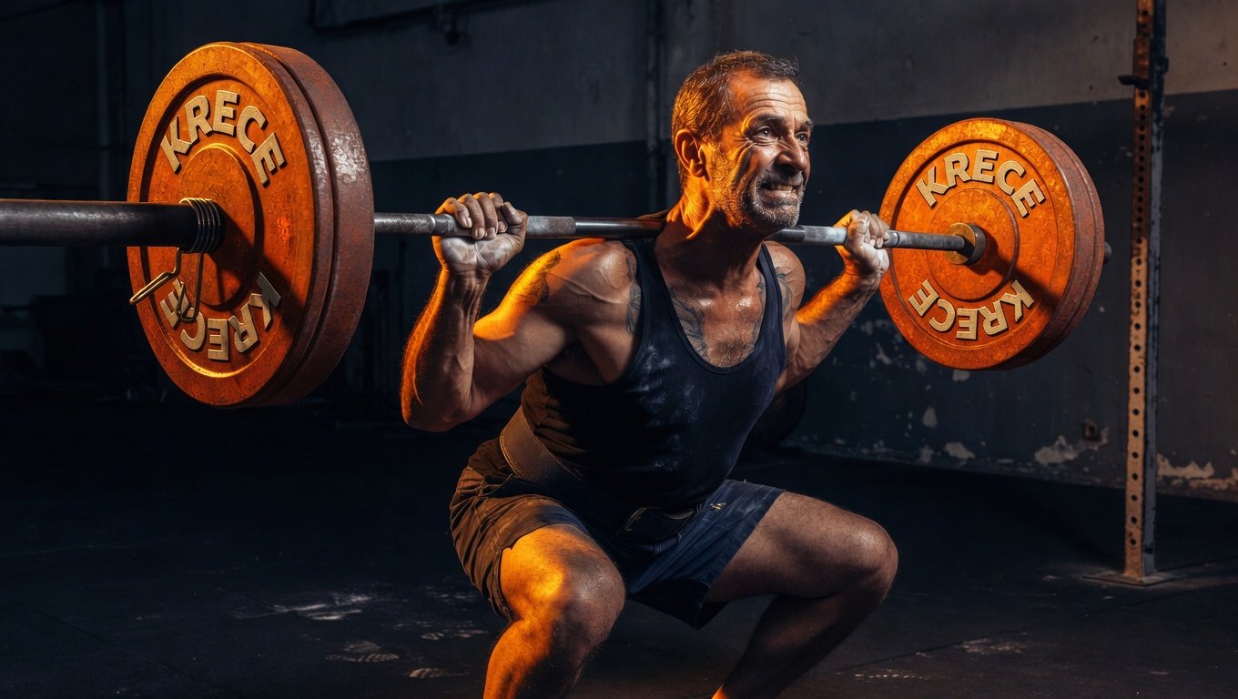 Adulto de unos 60 años al final de una sentadilla con barra en gimnasio industrial minimalista, iluminación amber cenital con sombra dramática sobre fondo negro vignette, metáfora visual del entrenamiento de fuerza supervisado como prescripción mínima viable para revertir indicadores de envejecimiento físico en mayores 55-70 años.