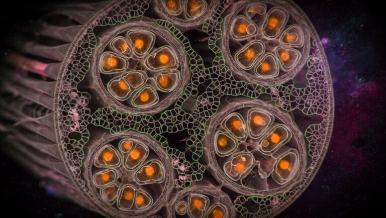 Ilustración editorial de una fibra muscular esquelética en corte transversal mostrando la red mitocondrial densa entre miofibrillas con iluminación verde KRECE y matriz en amber, sobre fondo oscuro, representando la biogénesis inducida por ejercicio.