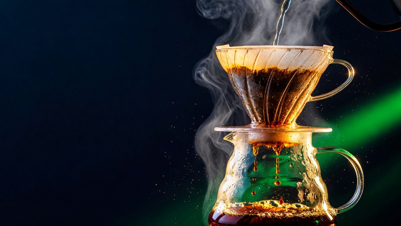 Pour-over de café filtrado con vapor sobre fondo índigo profundo y acento verde KRECE