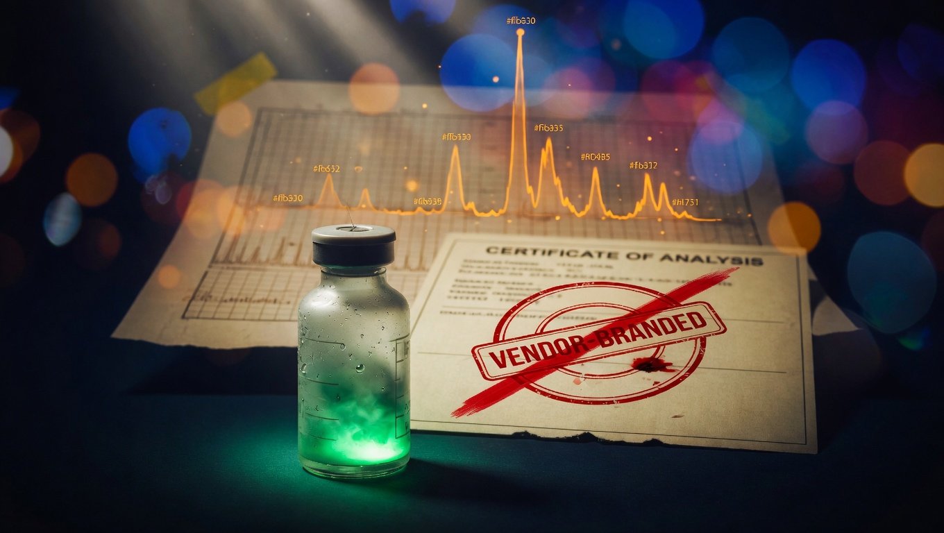 Vial farmacéutico de péptidos en vidrio esmerilado verde KRECE Longevity en primer plano sobre superficie oscura, Certificado de Análisis impreso al fondo con sello rojo VENDOR-BRANDED tachado por un trazo diagonal de tinta roja y cromatograma HPLC desenfocado en bokeh ámbar al fondo, metáfora visual abstracta del COA decorativo del mercado gris frente a la verificación analítica seria.