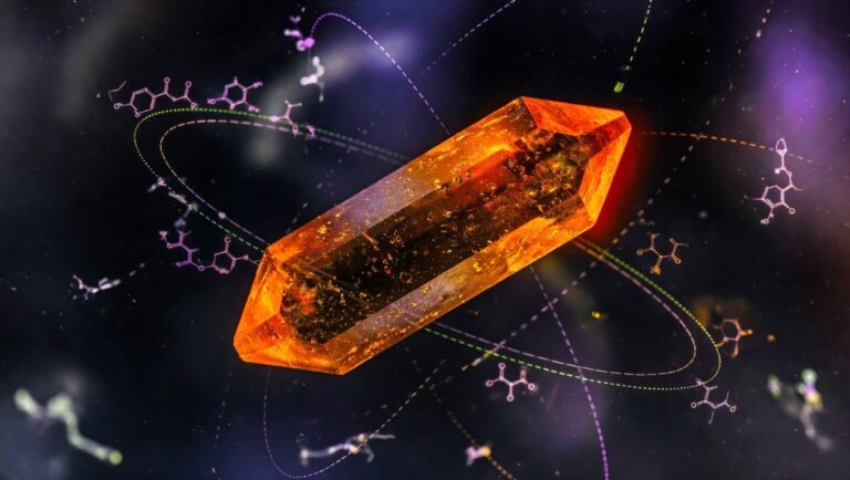 Estructura cristalina de magnesio con halos de ATP y cofactores enzimáticos sobre fondo oscuro con acentos ámbar.