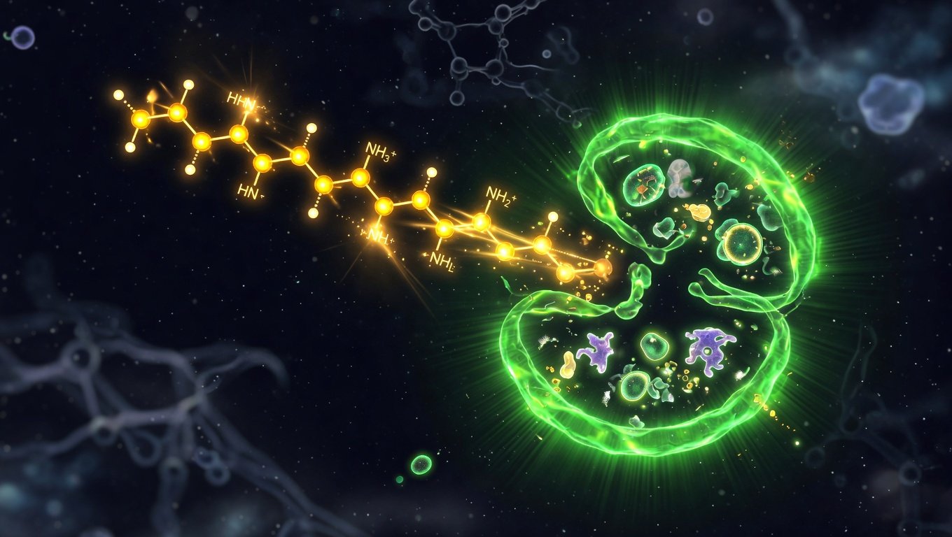 Molécula de espermidina activando autofagosoma sobre fondo oscuro con acentos verdes