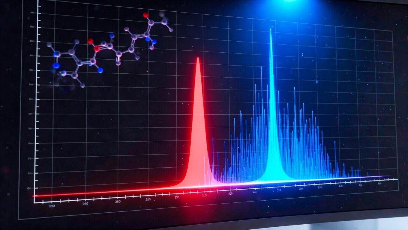 Cromatograma HPLC-UV con pico principal de péptido terapéutico y espectro de masas LC-MS superpuesto sobre fondo oscuro de laboratorio analítico