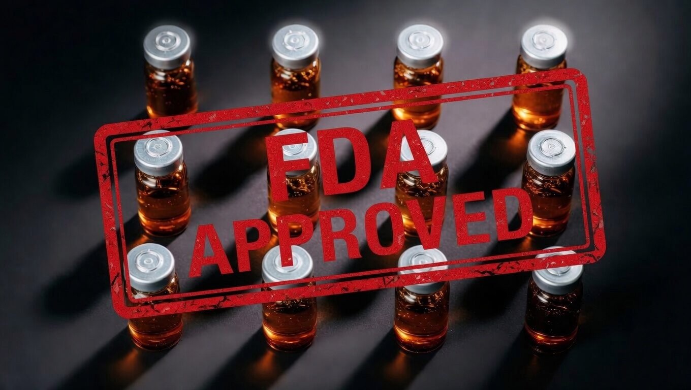 Vial de péptido terapéutico sobre fondo oscuro con texto FDA CAT 2 tachado