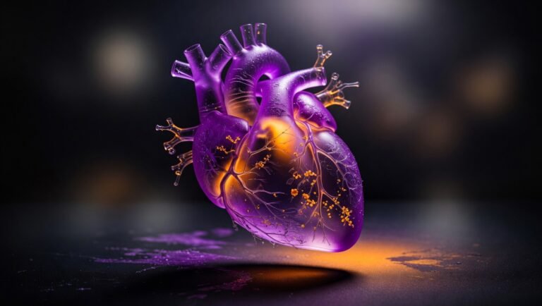 Corazón anatómico translúcido en cristal violeta con arterias coronarias iluminadas por luz ámbar interna sobre fondo negro con vignette, metáfora visual de la reducción profunda de LDL y el despejamiento arterial inducido por inhibidores de PCSK9 como evolocumab, alirocumab e inclisiran.