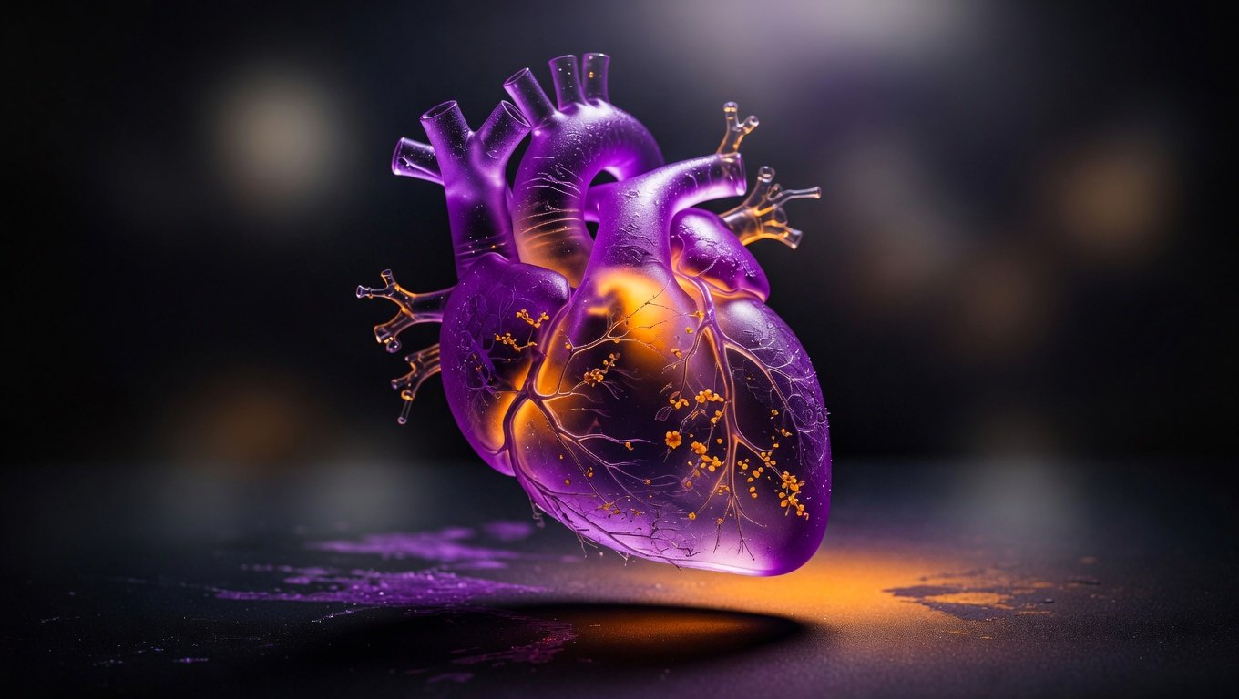 Corazón anatómico translúcido en cristal violeta con arterias coronarias iluminadas por luz ámbar interna sobre fondo negro con vignette, metáfora visual de la reducción profunda de LDL y el despejamiento arterial inducido por inhibidores de PCSK9 como evolocumab, alirocumab e inclisiran.