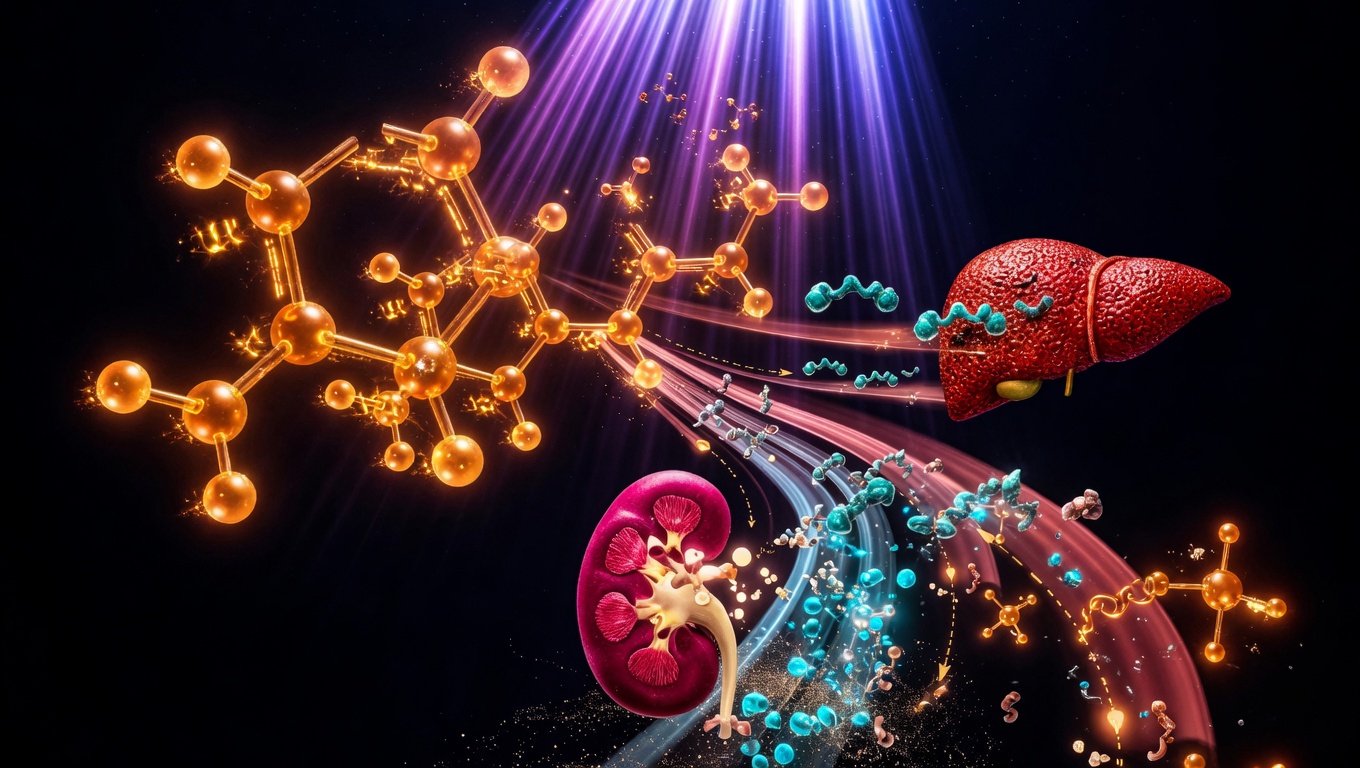 Molécula de colecalciferol (vitamina D3) con rayos UVB y cascada de activación hepática y renal