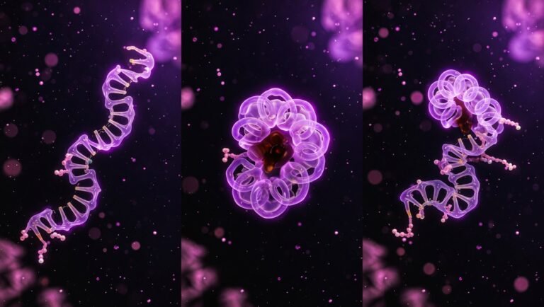 Tres estructuras peptídicas translúcidas con iluminación violeta sobre fondo oscuro, representando SS-31, MOTS-c y humanina como tres identidades distintas de la familia de péptidos derivados de la mitocondria.