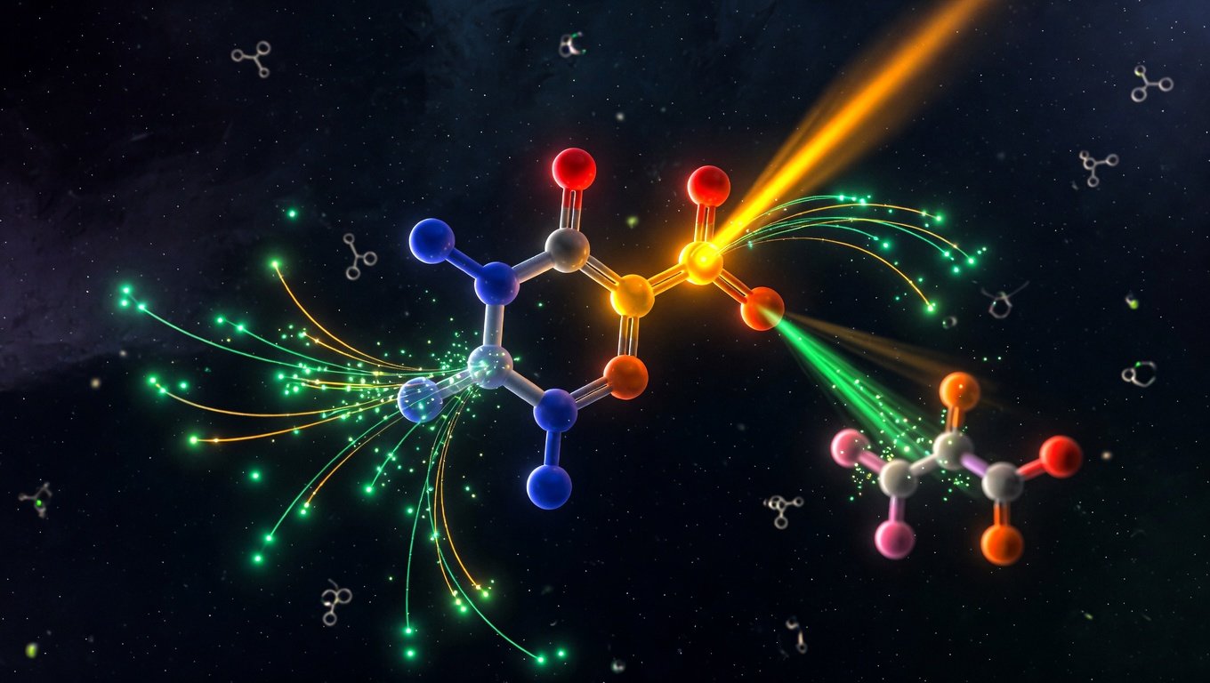 Estructura molecular de fosfocreatina sobre fondo oscuro con acentos dorados