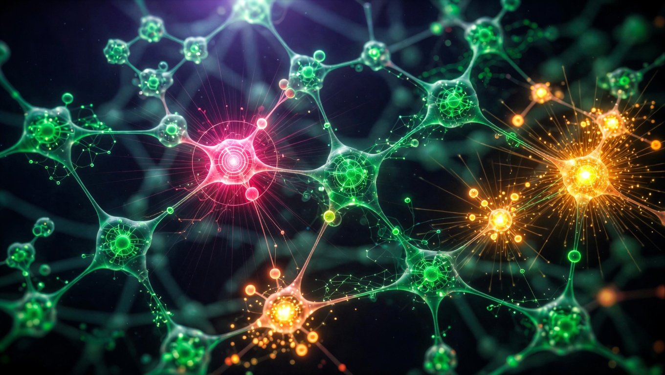 Red neuronal biológica sobre fondo oscuro con nodos en verde longevidad interconectados, representando el mapa de inversión en biotecnología de precisión