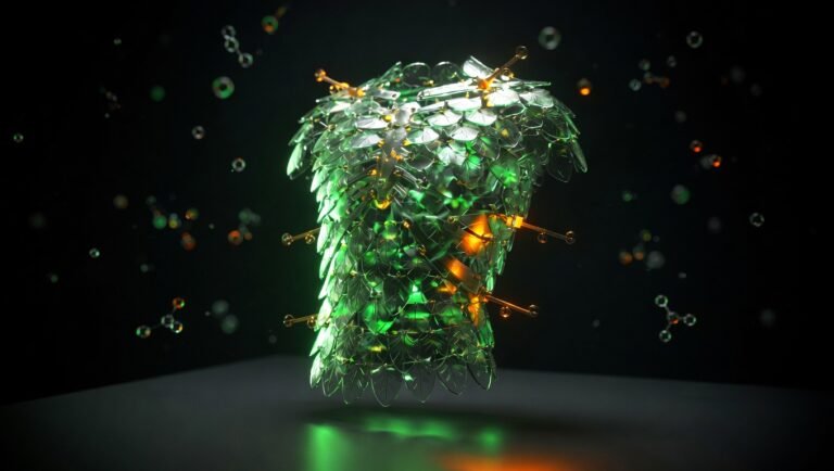 Escultura translúcida anatómica de un torso humano formada por balanzas de cristal interconectadas, iluminada con luz verde sobre fondo negro con vignette, metáfora visual de la homeostasis dinámica y la carga alostática.