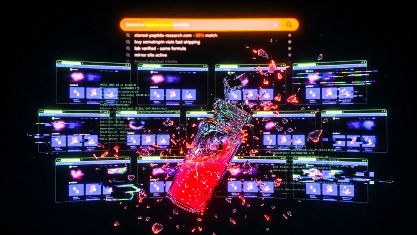 ial de péptido fracturado sobre fondo oscuro con fragmentos de dominios web clonados flotando en rojo coral, representando el secuestro de marca tras el cierre de un proveedor