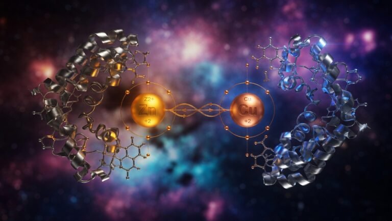Iones de zinc y cobre en equilibrio sobre fondo oscuro con acentos dorados
