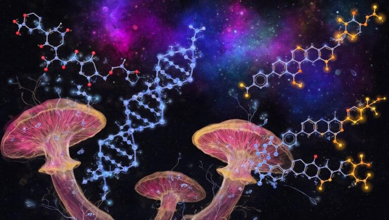 Estructuras de beta-glucanos y cuerpos fructíferos de hongos medicinales sobre fondo oscuro