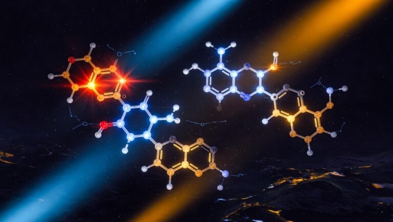 Estructura molecular de rosavinas y salidrosida sobre fondo oscuro con acentos azules y dorados