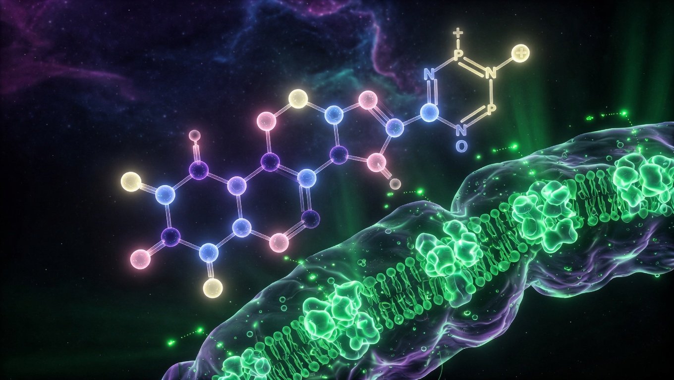 Estructura molecular del NAD+ con representación de la cadena de transporte de electrones mitocondrial sobre fondo oscuro