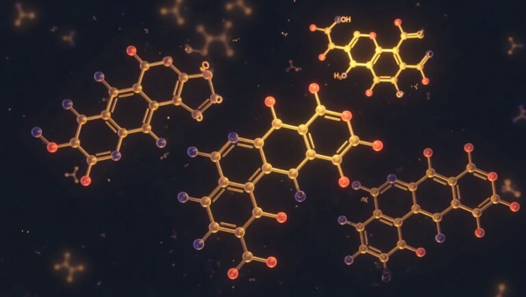 Estructura molecular de withanólidos sobre fondo oscuro con acentos dorados