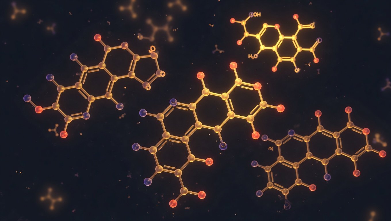 Estructura molecular de withanólidos sobre fondo oscuro con acentos dorados