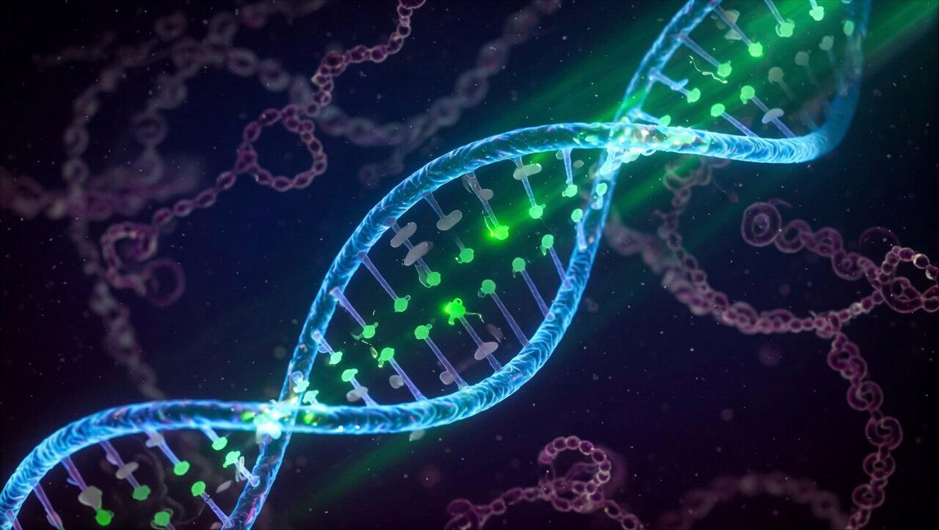 Representación abstracta de marcas de metilación sobre cadena de ADN con gradiente verde KRECE Longevity