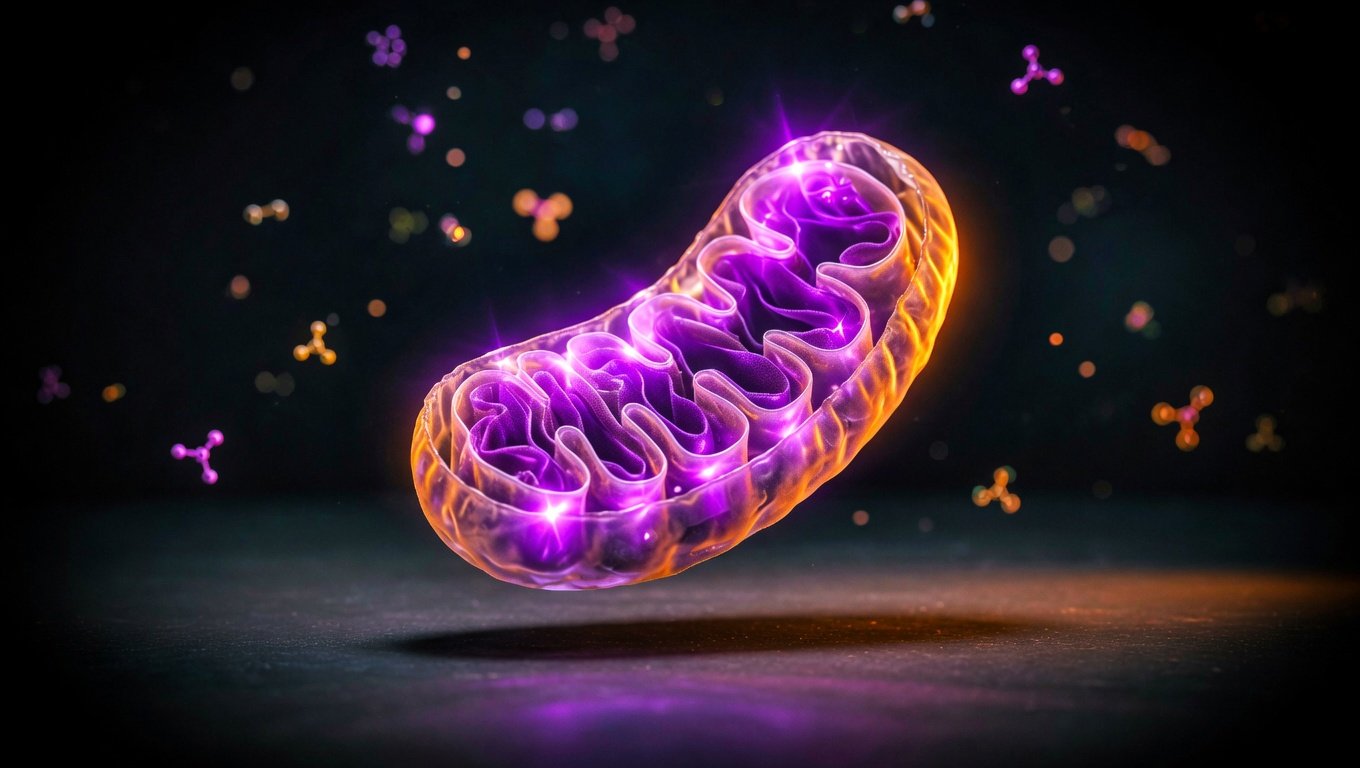 Modelo anatómico translúcido de una mitocondria con crestas visibles iluminado por halo violeta neón sobre fondo negro matte, estructuras moleculares en bokeh al fondo, iluminación editorial en claroscuro