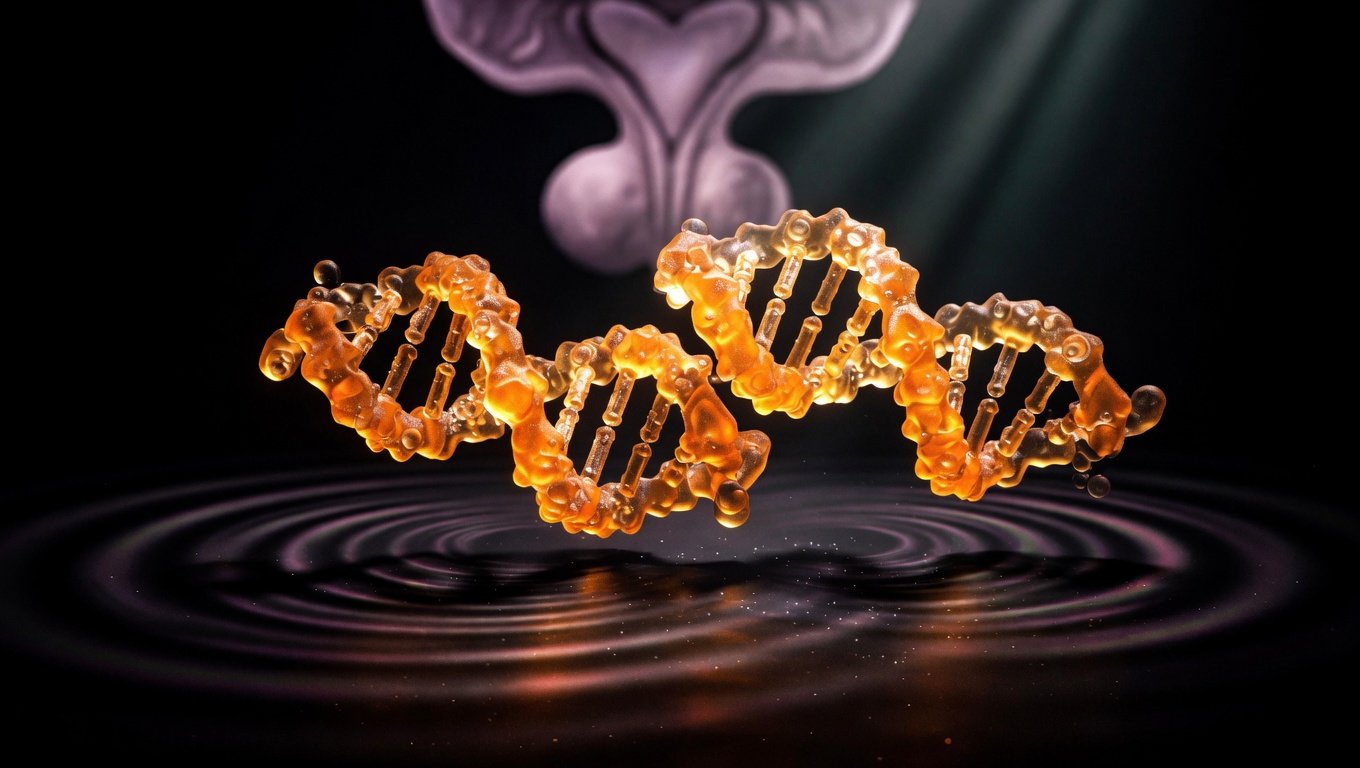 Dos estructuras moleculares entrelazadas en cristal ámbar translúcido suspendidas sobre fondo negro con ondas pulsátiles emanando hacia afuera, metáfora visual del efecto sinérgico de CJC-1295 (agonista GHRH) e Ipamorelin (agonista GHS-R1a) sobre la liberación pulsátil de hormona de crecimiento en la pituitaria.