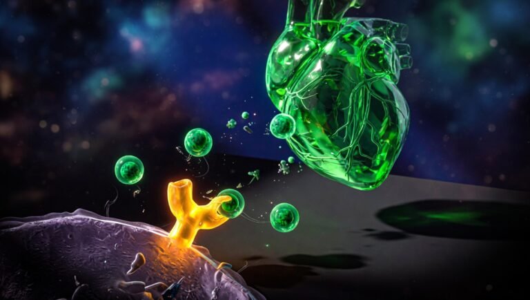 Corazón anatómico translúcido en cristal verde esmeralda con arterias coronarias iluminadas suspendido sobre superficie negra, rodeado de partículas LDL traslúcidas siendo capturadas por un receptor de lipoproteínas hepático en color ámbar, sobre fondo índigo profundo con vignette, representación del mecanismo molecular de los inhibidores de PCSK9.