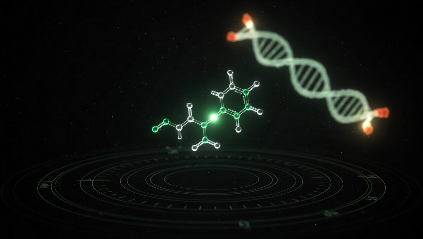 Estructura molecular del tetrapéptido Epitalon con glow verde sobre fondo negro — KRECE Precision Longevity
