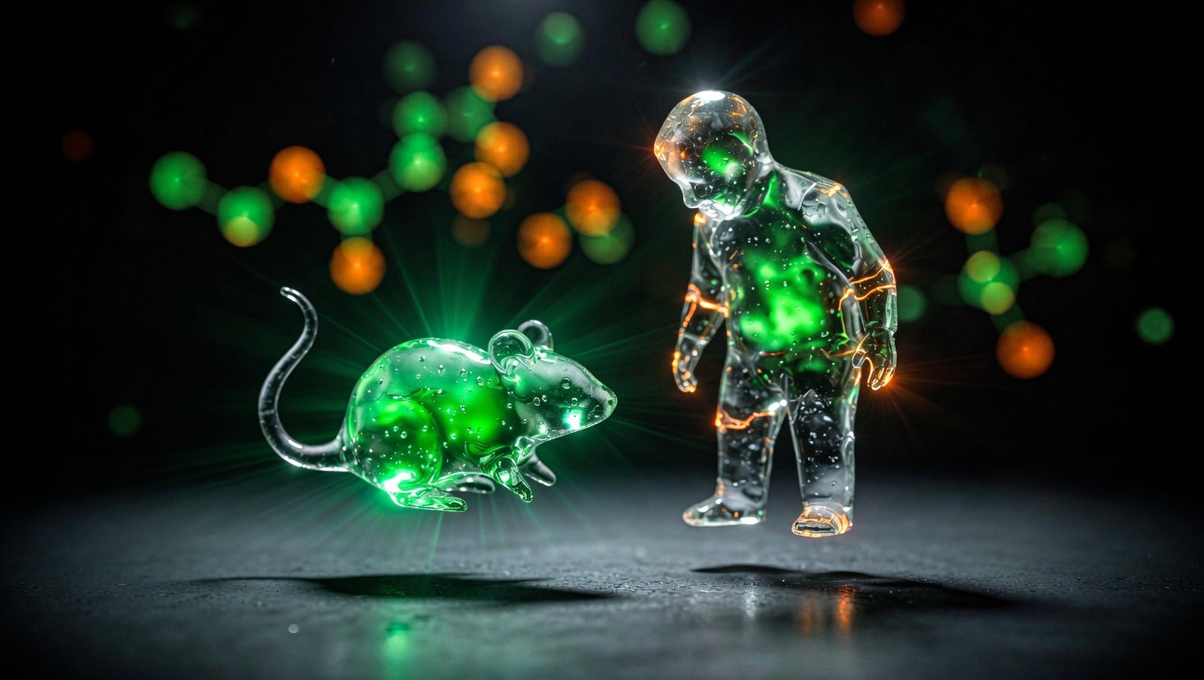 Dos siluetas translúcidas flotando — un roedor iluminado con luz verde intensa y una figura humana con luz verde más tenue y tintes ámbar — sobre fondo negro con vignette, metáfora visual de la brecha traslacional entre evidencia animal robusta y evidencia humana incompleta en rapamicina.