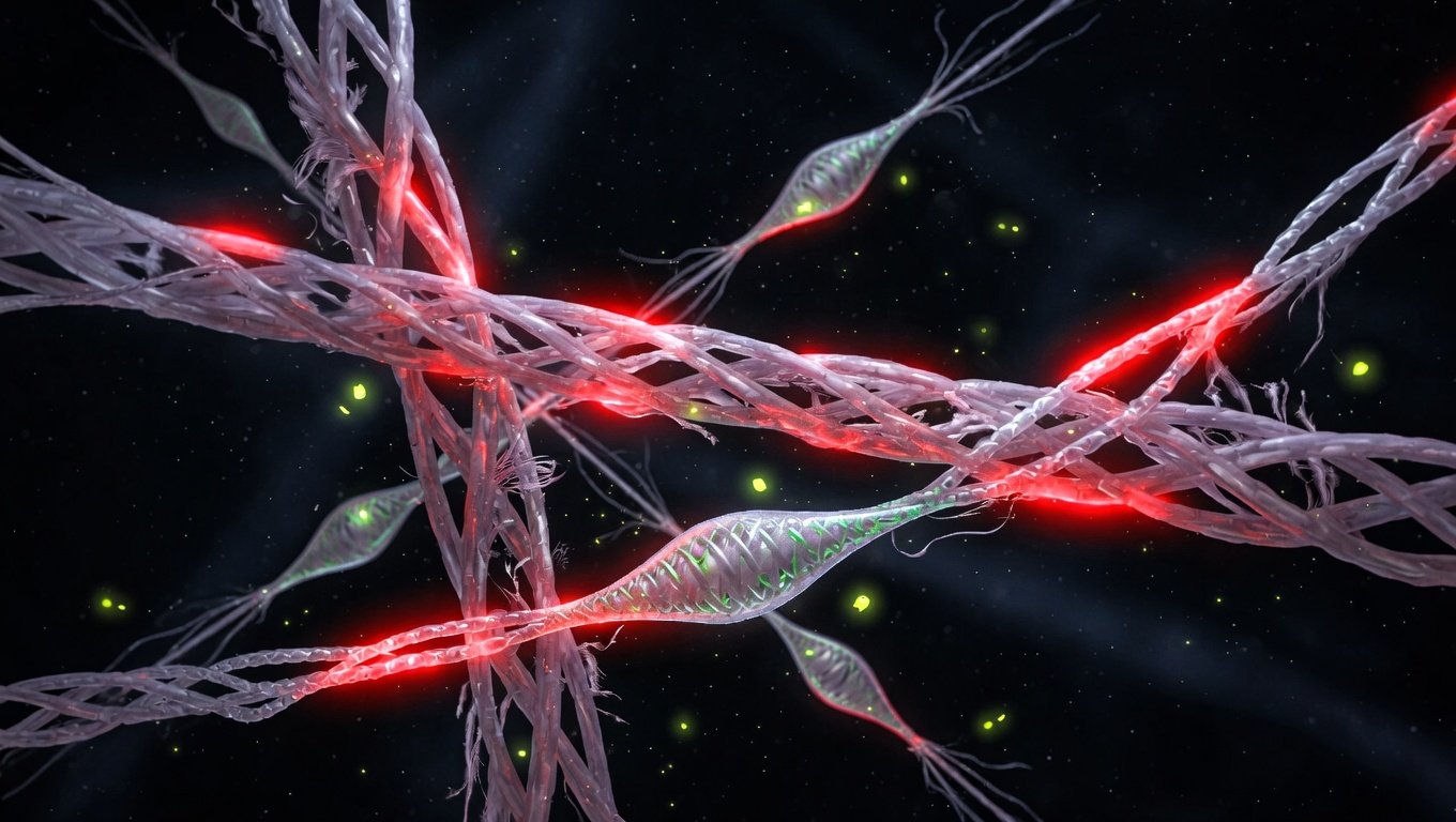 Representación de tejido conectivo reparándose durante la fase N3 del sueño profundo con fibras de colágeno formándose sobre fondo oscuro