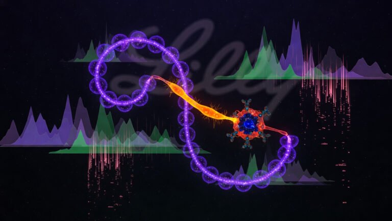 Molécula de tirzepatida con aducto B12 adherido sobre fondo oscuro con datos de NMR flotando en púrpura, representando la intersección entre evidencia analítica y estrategia corporativa
