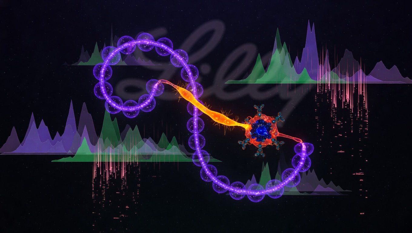 Molécula de tirzepatida con aducto B12 adherido sobre fondo oscuro con datos de NMR flotando en púrpura, representando la intersección entre evidencia analítica y estrategia corporativa
